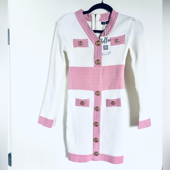 NEW BELLA BARNETT SOLD OUT White Dress w/ Gold Buttons and Pink Trim NWT - Picture 1 of 4
